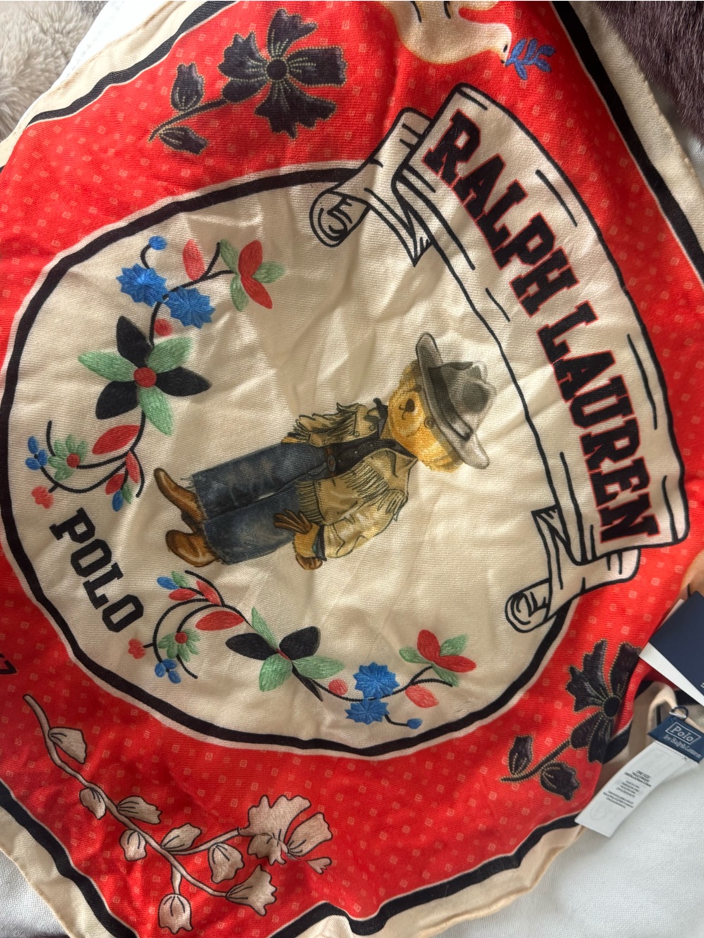 Polo by Ralph Lauren Red Cream Novelty Bear Scarf